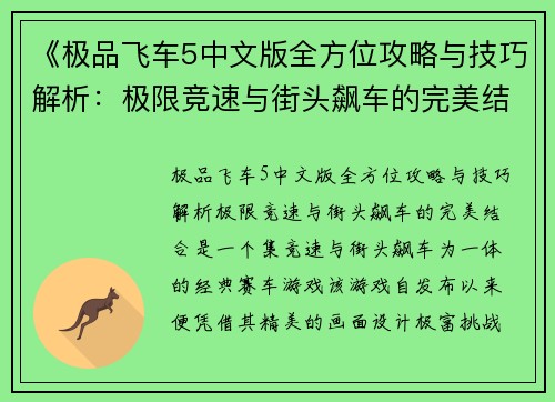 《极品飞车5中文版全方位攻略与技巧解析：极限竞速与街头飙车的完美结合》